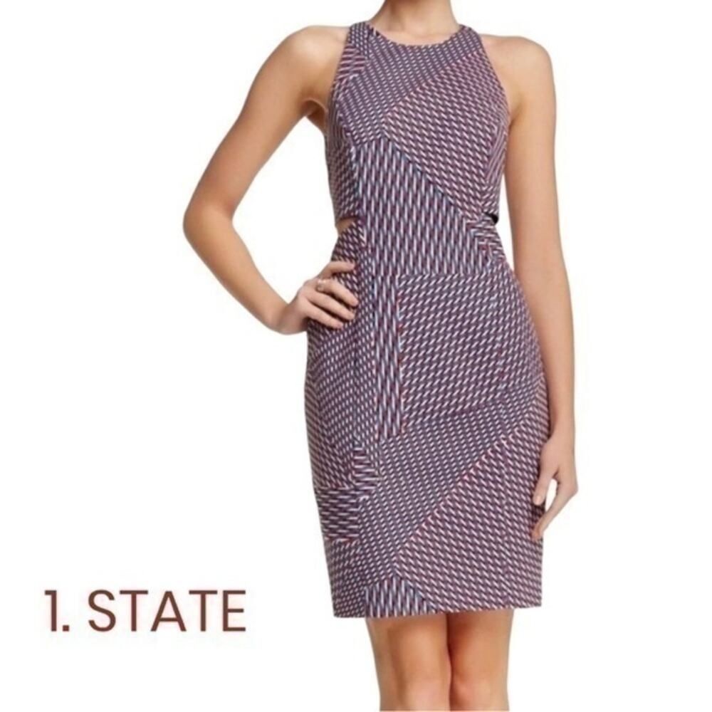 1. State Red White Geometric Dress Size S EuroGirl Feminine CutOut